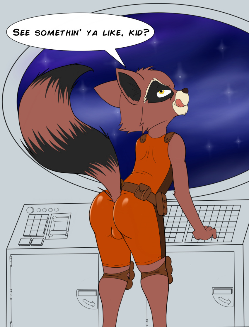anthro big_butt bulge butt clothed clothing guardians_of_the_galaxy legwear licking licking_lips mammal marvel pinup pose presenting procyonid raccoon rocket_raccoon space star text theoryofstrings tights tongue tongue_out