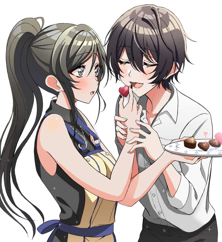 2girls aoyagi_tsubaki bakkanda bangs bare_arms bare_shoulders black_hair blush chocolate cleavage_cutout closed_mouth clothing_cutout commentary_request d4dj eating eyebrows_behind_hair eyebrows_visible_through_hair food hair_between_eyes highres holding holding_chocolate holding_food holding_plate long_hair looking_at_another miyake_aoi multiple_girls open_mouth plate ponytail shirt short_hair simple_background smile upper_body white_background yuri