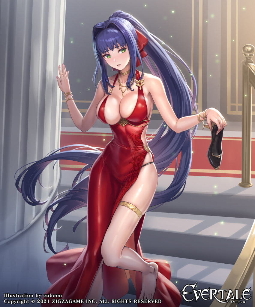 1girl bare_legs bare_shoulders breasts cleavage cuboon dress evertale feet green_eyes highres large_breasts ludmilla official_art panty_straps ponytail purple_hair red_dress shoes shoes_removed side_slit skindentation solo thigh_strap thighs thong