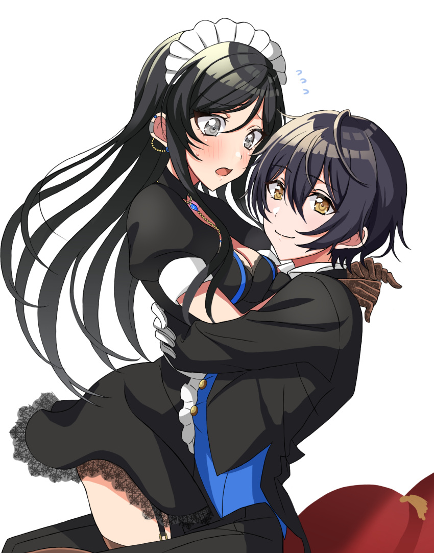 2girls aoyagi_tsubaki bakkanda bangs black_hair blush breasts brown_gloves commentary_request d4dj earrings eyebrows_behind_hair eyebrows_visible_through_hair formal gloves grey_eyes hair_between_eyes highres hug jewelry long_hair looking_at_another maid maid_headdress miyake_aoi multiple_girls open_mouth short_hair simple_background smile suit white_background white_gloves yuri