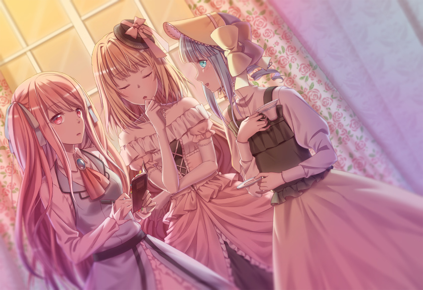 3girls abigail_hudson aqua_eyes bare_shoulders blue_hair blush book closed_eyes collared_shirt commentary_request cup dress dutch_angle eikoku_tantei_mysteria elbow_gloves emily_whiteley gloves hair_ribbon hat highres holding holding_book holding_cup holding_pen holding_saucer huangxing jewelry mini_hat multiple_girls necklace open_mouth pearl_necklace pen pink_eyes pink_hair ribbon sara_marple saucer shirt smile standing twintails white_gloves window yellow_headwear
