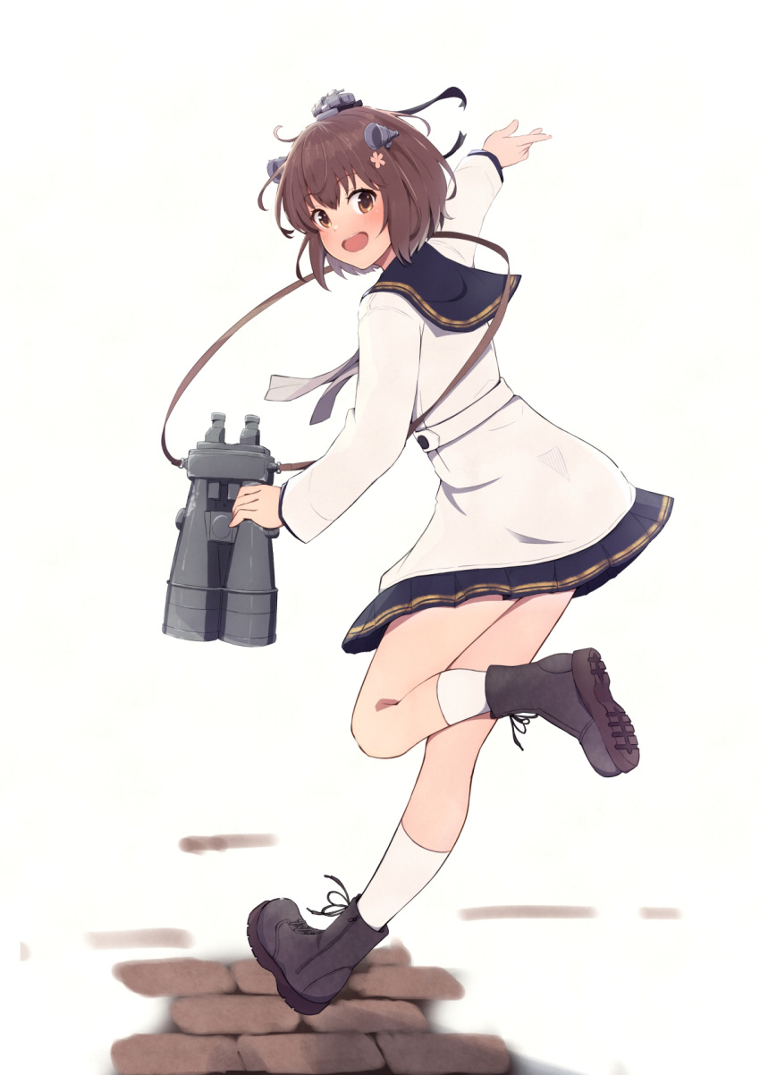 1girl binoculars blush boots brown_eyes brown_hair dress eyebrows_visible_through_hair full_body grey_footwear hair_between_eyes highres holding holding_binoculars kantai_collection kure_jirou long_sleeves open_mouth remodel_(kantai_collection) sailor_dress short_hair simple_background smile socks solo white_background white_dress white_legwear yukikaze_(kancolle)