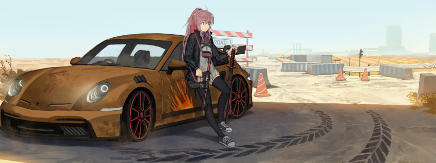 1girl ar-15 bangs black_legwear car city commission danzir day desert ground_vehicle gun highres holding holding_weapon horizon jacket long_hair looking_away motor_vehicle original pink_eyes pink_hair ponytail rifle road_sign scenery shoes sign sky solo standing thighhighs traffic_barrier traffic_cone weapon