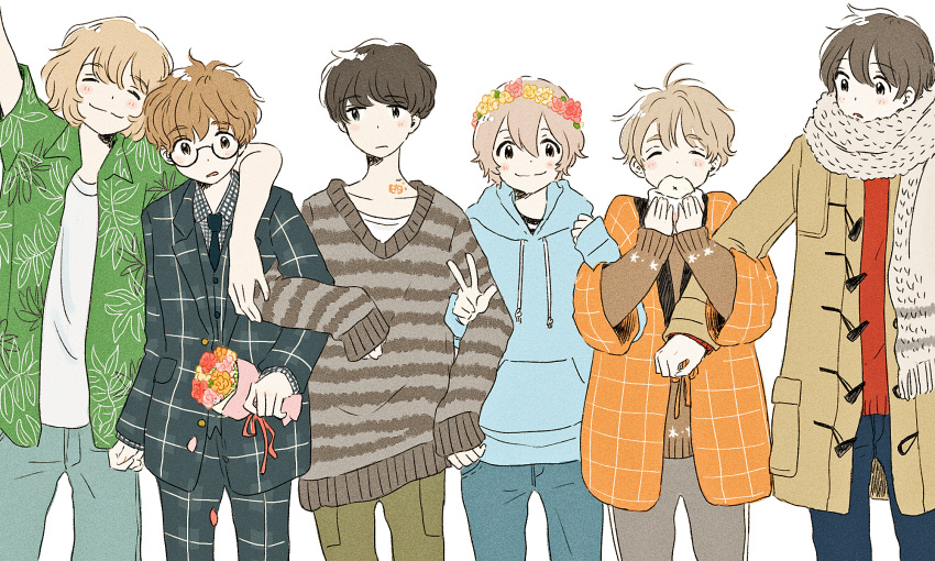 6+boys :3 :| ^_^ arm_at_side arm_up bangs beige_coat black-framed_eyewear blazer blonde_hair blue_hoodie blue_jacket blue_necktie blue_pants blush_stickers bouquet brown_eyes brown_hair brown_pants brown_sweater clenched_hand closed_eyes closed_mouth coat collarbone cowboy_shot d: denim dot_nose drawstring dress_shirt duffel_coat eating expressionless eyebrows_visible_through_hair eyes_visible_through_hair facing_viewer flower flower_wreath food food_in_mouth food_wrapper formal fringe_trim glasses green_shirt grey_pants hair_between_eyes hand_up hands_up hanten_(clothes) happy hatching_(texture) head_down head_wreath height_difference highres holding holding_bouquet holding_food hood hood_down hoodie horizontal_stripes itunohika jack-o'-lantern jacket japanese_clothes jeans layered_clothing layered_sleeves leaf_print light_brown_hair linear_hatching locked_arms long_sleeves looking_at_another looking_at_viewer looking_away looking_to_the_side male_focus multiple_boys neck_tattoo necktie open_clothes open_coat open_shirt orange_flower original outstretched_arm pants parted_lips petals pink_flower plaid plaid_jacket plaid_pants plaid_shirt pocket print_shirt print_sweater pumpkin raised_eyebrows red_flower red_ribbon ribbon round_eyewear semi-rimless_eyewear shiny shiny_hair shirt simple_background sleeves_past_wrists smile snowflake_print standing straight-on striped striped_sweater suit sweater sweatpants swept_bangs tareme tattoo under-rim_eyewear undershirt w waistcoat wavy_hair white_background white_shirt wing_collar winter_clothes yellow_flower