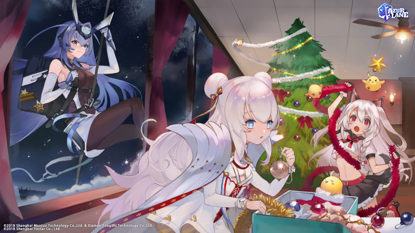 +_+ 3girls :3 ahoge animal_ears asymmetrical_hair azur_lane backpack bag belt black_bodysuit black_gloves black_skirt blue_eyes blue_hair bodysuit box braid breasts ceiling ceiling_fan christmas christmas_ornaments christmas_tree closed_mouth commentary cropped_shirt curtains dog_ears dog_girl dog_tail double_bun dress elbow_gloves english_commentary eyebrows_visible_through_hair fingerless_gloves frilled_skirt frills gloves hair_between_eyes hair_intakes headpiece highres le_malin_(azur_lane) long_hair manjuu_(azur_lane) medium_breasts miniskirt multiple_girls navel new_jersey_(azur_lane) night night_sky official_art open_mouth pleated_skirt rappelling red_belt red_eyes second-party_source shirt short_sleeves side_braid silver_hair single_braid skirt sky small_breasts smile stomach tail thick_eyebrows tile_ceiling tiles tinsel underboob uonomeuroko watermark white_dress white_gloves white_shirt white_skirt window yuudachi_(azur_lane)