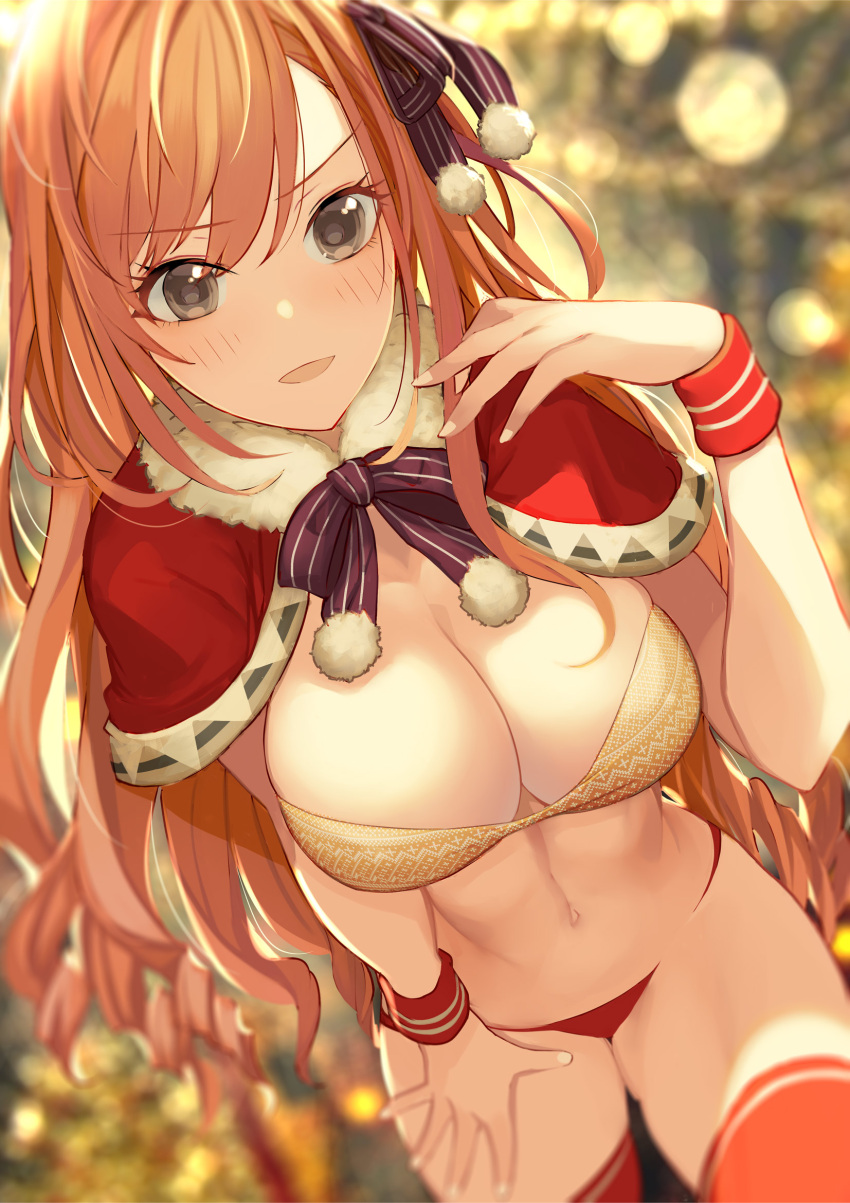 1girl arisugawa_natsuha bangs bikini blush breasts capelet cleavage fur-trimmed_capelet fur_trim grey_eyes hair_ribbon highres idolmaster idolmaster_shiny_colors large_breasts long_hair looking_at_viewer mismatched_bikini navel open_mouth orange_hair pupps red_capelet red_legwear red_ribbon ribbon solo swept_bangs swimsuit thighhighs thighs