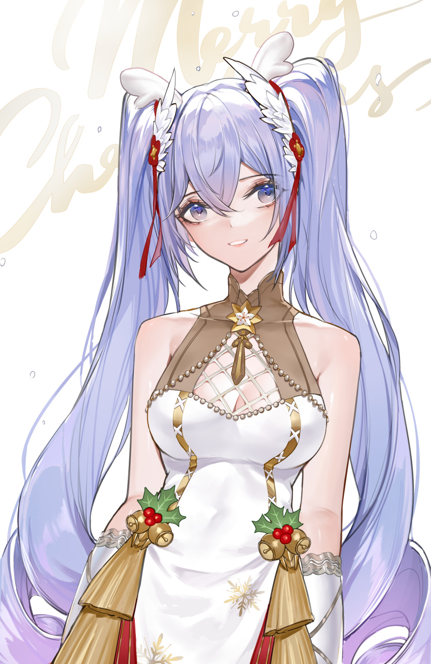 1girl a-soul absurdres ava_(a-soul) bell blush breasts cleavage cleavage_cutout clothing_cutout dress fake_antlers hair_ornament highres horz large_breasts long_hair merry_christmas mistletoe open_mouth purple_eyes purple_hair simple_background smile solo twintails very_long_hair white_background