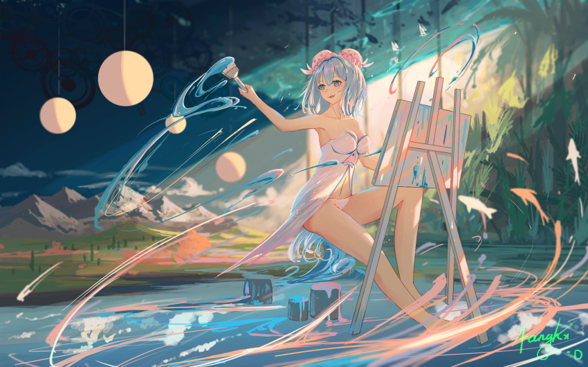 1girl bangs bare_shoulders blue_eyes blush breasts cleavage fanghx haiyi highres light_blue_hair looking_away medium_breasts medium_hair mountain open_mouth paint_can paintbrush panties signature sky smile synthesizer_v thighs underwear water