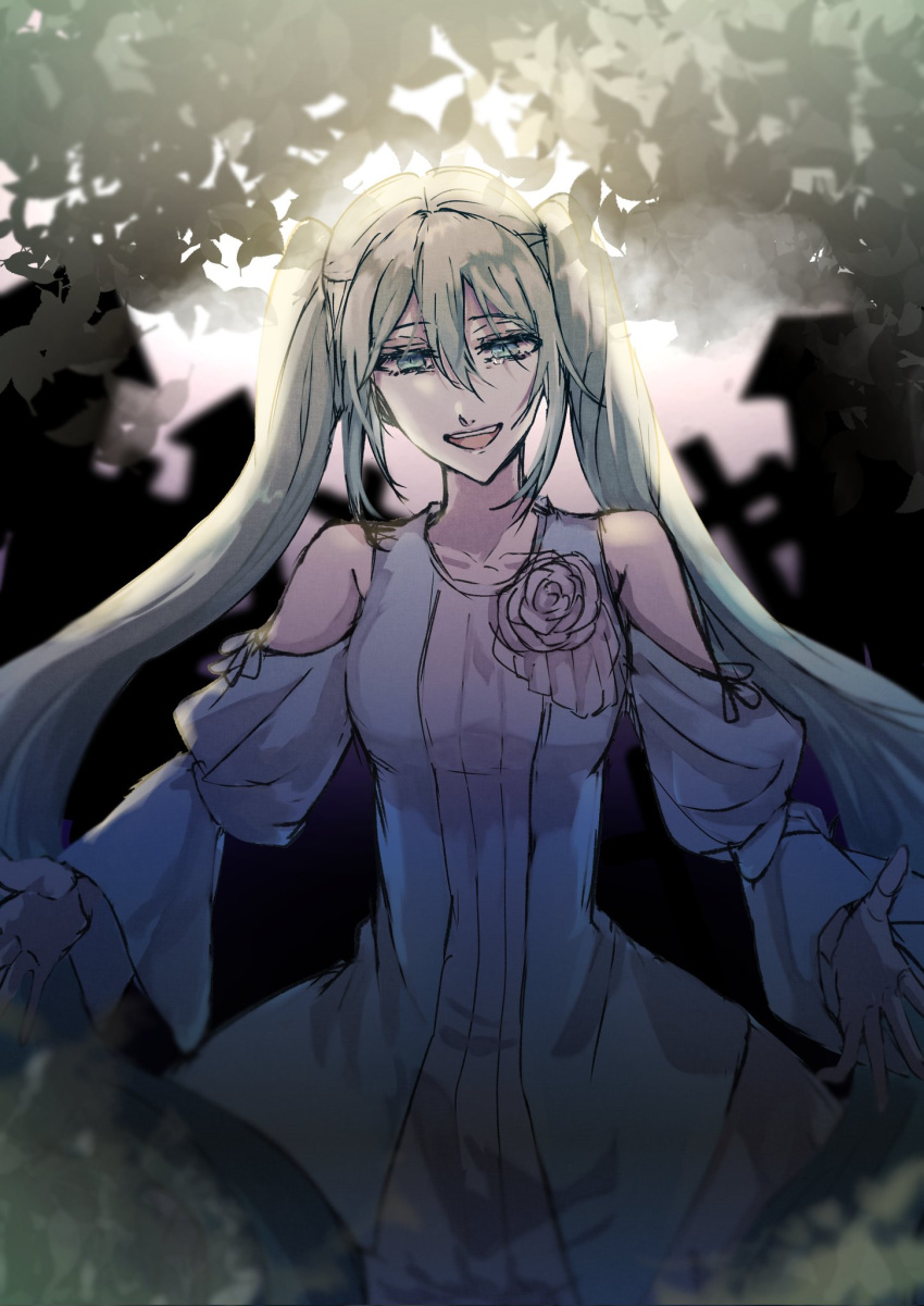1girl aqua_eyes aqua_hair backlighting bare_shoulders building clothing_cutout crying crying_with_eyes_open dress_flower empty_eyes evillious_nendaiki flower half-closed_eyes hatsune_miku highres leaf long_hair looking_down margarita_blankenheim muted_color nemurase_hime_kara_no_okurimono_(vocaloid) outstretched_arms pale_skin rose shoulder_cutout sketch solo tearing_up tears twintails very_long_hair vocaloid warabi_(danngo-mitarasi) wide_sleeves
