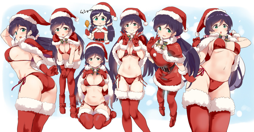 1girl ass bikini blush boots breasts closed_mouth eyebrows_visible_through_hair gloves green_eyes hat highres kurokawa_makoto large_breasts long_hair looking_at_viewer love_live! love_live!_school_idol_project low_twintails navel open_mouth purple_hair red_bikini red_footwear red_gloves red_headwear red_legwear santa_bikini santa_costume santa_hat smile solo swimsuit thighhighs toujou_nozomi twintails