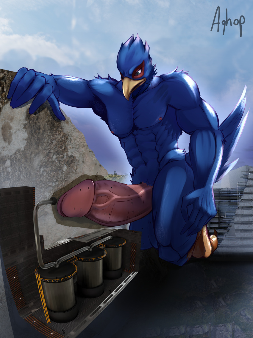 absurd_res aghop anthro avian bird blue_body erection falco_lombardi genitals hi_res internal machine macro male milking_machine mountain nintendo penetration penile penis penis_milking solo star_fox tunnel video_games worship