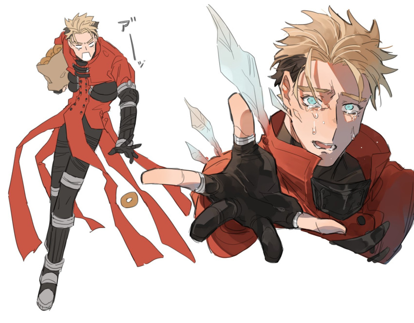 1boy bbbb_fex black_gloves black_pants blonde_hair coattails cowboy_western crying crying_with_eyes_open distress duster_coat eyebrows_visible_through_hair food gloves highres long_coat male_focus mechanical_arms open_hand open_mouth pants science_fiction single_mechanical_arm spoilers tears transformation trigun vash_the_stampede