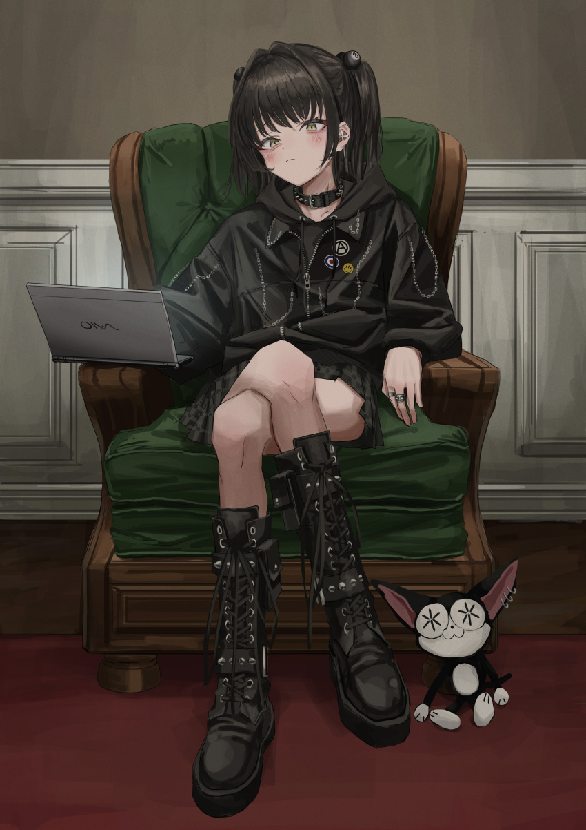 1girl absurdres armchair badge black_footwear black_hair black_hoodie blush button_badge chair closed_mouth collar computer copyright_request cross-laced_footwear crossed_legs hair_intakes highres hood hood_down hoodie jewelry laptop long_sleeves looking_at_viewer miniskirt multiple_rings nadegata on_chair original pleated_skirt ring sitting skirt smiley_face solo spiked_collar spikes twintails vaio yellow_eyes