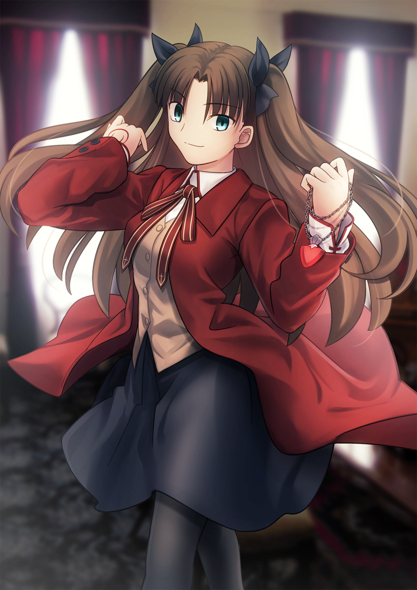 1girl aqua_eyes bangs black_bow blurry blurry_background bow brown_hair brown_vest closed_mouth coat collared_shirt command_spell eyebrows_visible_through_hair fate/stay_night fate_(series) floating_hair grey_legwear grey_skirt hair_between_eyes hair_bow hair_intakes heart_pendant highres holding holding_jewelry holding_necklace homurahara_academy_uniform indoors jewelry long_hair long_sleeves looking_at_viewer migiha miniskirt neck_ribbon necklace open_clothes open_coat pantyhose red_coat red_ribbon ribbon shirt skirt smile solo standing tohsaka_rin twintails very_long_hair vest white_shirt wing_collar