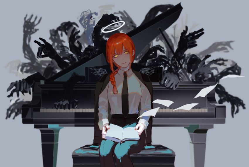 1girl angel_wings bangs black_necktie black_pants book braid braided_ponytail breasts chainsaw_man collared_shirt fox_shadow_puppet grey_background halo hands highres instrument long_hair long_sleeves looking_at_viewer makima_(chainsaw_man) medium_breasts necktie pages pants piano pinlin red_hair ringed_eyes shirt simple_background sitting smile solo white_shirt wings yellow_eyes