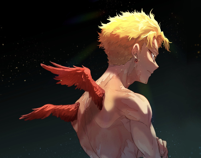 1boy back blonde_hair boku_no_hero_academia bupopopopopo burn_scar chiaroscuro crossed_arms dark_background earrings facial_hair facing_away feathered_wings gaunt hawks_(boku_no_hero_academia) highres jewelry light_particles looking_down male_focus mini_wings red_feathers scar short_hair shoulder_blades stud_earrings wings