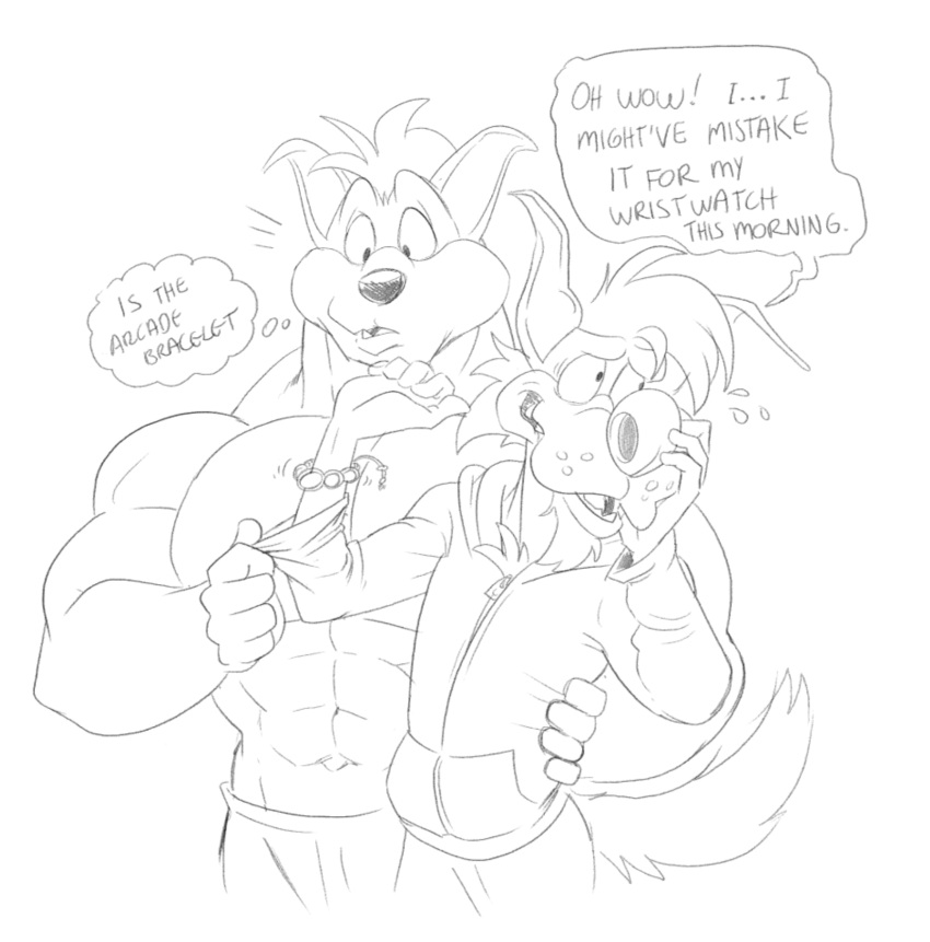 abs anonymous_artist anthro bracelet canid canine canis clothing dingo dingo_(sonic_underground) duo english_text hi_res hoodie jewelry male male/male mammal monochrome pecs sega shirtless size_difference sleet_(sonic_underground) sonic_the_hedgehog_(series) sonic_underground text topwear wolf