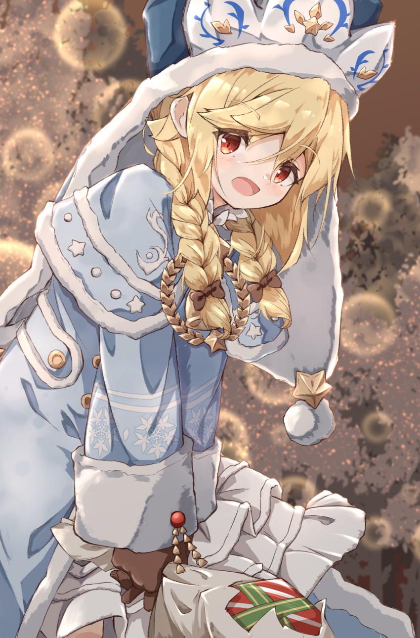 1girl absurdres bangs blonde_hair blue_coat blue_headwear bow braid brown_bow brown_gloves christmas coat commentary_request dress eyebrows_visible_through_hair fur-trimmed_jacket fur_trim girls'_frontline gloves hair_between_eyes hair_bow hat highres holding holding_sack jacket long_hair long_sleeves looking_at_viewer low_twintails matsuo_(matuonoie) nagant_revolver_(girls'_frontline) red_eyes sack solo twin_braids twintails white_dress