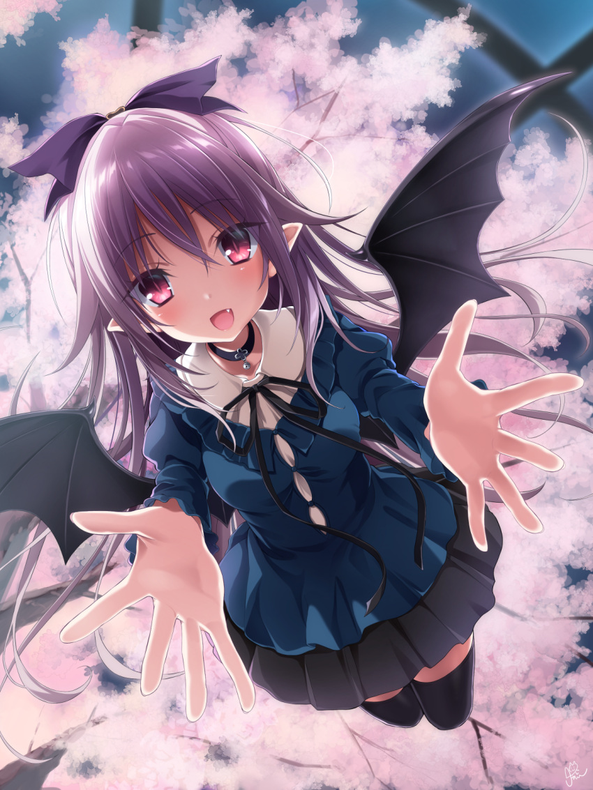 1girl :d aoi_tori_(purple_software) black_legwear black_ribbon black_skirt black_wings blue_shirt blush bow breasts chaamii cherry_blossoms choker commentary_request demon_girl demon_wings eyebrows_visible_through_hair fang hair_bow highres juliet_sleeves long_hair long_sleeves looking_at_viewer mary_harker medium_breasts neck_ribbon open_mouth pointy_ears puffy_sleeves purple_bow purple_hair purple_software reaching_out red_eyes ribbon shirt skirt slit_pupils smile solo thighhighs wings zettai_ryouiki