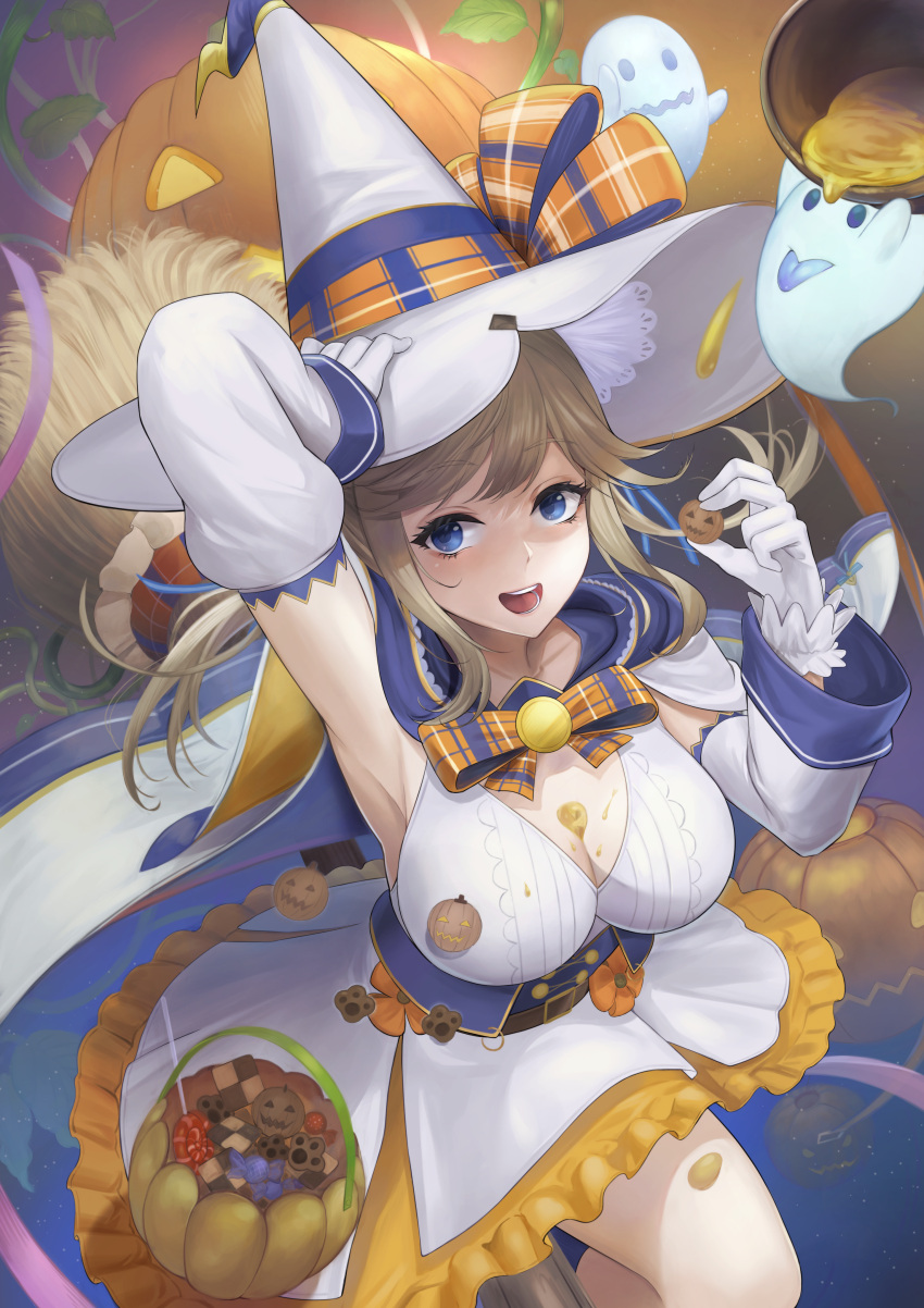 1girl absurdres armpits bangs basket between_breasts blonde_hair blue_eyes bow breasts cleavage collarbone commentary_request cookie cucouroux_(granblue_fantasy) detached_sleeves dress eyebrows_visible_through_hair food frills ghost gloves granblue_fantasy halloween halloween_bucket hat highres holding holding_food large_breasts long_hair looking_at_viewer open_mouth pumpkin shiny shiny_skin shuangyijiu simple_background smile white_dress white_gloves witch_hat