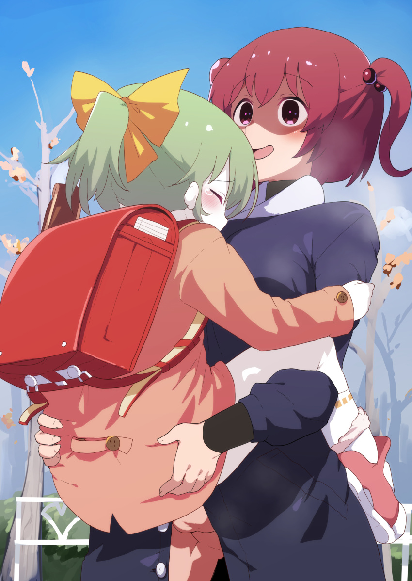 2girls alternate_costume bangs bare_tree blue_coat blue_sky blush bow breath closed_eyes clothed_sex coat colored_skin commentary_request cookie_(touhou) cowboy_shot daiyousei day diyusi_(cookie) eyebrows_visible_through_hair fuka_(kantoku) futa_with_female futanari green_hair hair_bobbles hair_bow hair_ornament highres multiple_girls onozuka_komachi open_mouth orange_coat outdoors panties panties_around_one_leg pink_panties ponytail red_bag red_eyes red_footwear red_hair sex shaded_face shishou_(cookie) shoes short_hair sky socks standing standing_sex testicles touhou tree two_side_up underwear white_skin yellow_bow
