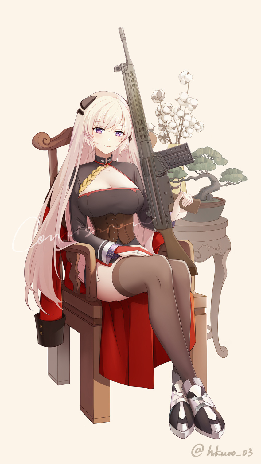 1girl battle_rifle blonde_hair breasts cleavage cleavage_cutout clothing_cutout commission g3_(girls'_frontline) girls'_frontline grey_legwear gun h&amp;k_g3 hei_chuan_gui highres holding holding_gun holding_weapon jewelry large_breasts long_hair purple_eyes rifle ring sitting smile solo thighhighs very_long_hair weapon wedding_band