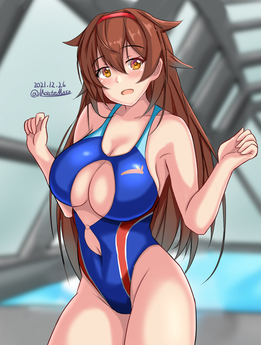 1girl blue_swimsuit breasts brown_eyes brown_hair cleavage_cutout clothing_cutout commentary_request competition_swimsuit covered_navel cowboy_shot hair_flaps hairband highres indoors kantai_collection large_breasts long_hair montemasa one-piece_swimsuit red_hairband rei_no_pool remodel_(kantai_collection) shiratsuyu_(kancolle) solo swimsuit