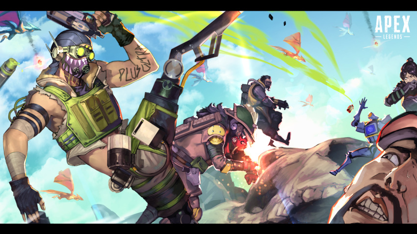1girl 1other 4boys animal_skull apex_legends b3_wingman black_bodysuit black_hair bloodhound_(apex_legends) bodysuit breasts brown_jacket caustic_(apex_legends) cropped_vest facial_hair goggles goggles_on_head green_vest grey_shorts gun hair_bun handgun helmet highres holding holding_gun holding_weapon humanoid_robot jacket kings_canyon mask mechanical_legs medium_breasts mirage_(apex_legends) mouth_mask multiple_boys mustache octane_(apex_legends) one-eyed pathfinder_(apex_legends) peperon_(peperou) r-99_smg red_eyes revolver scared science_fiction shorts submachine_gun vest weapon wraith_(apex_legends)