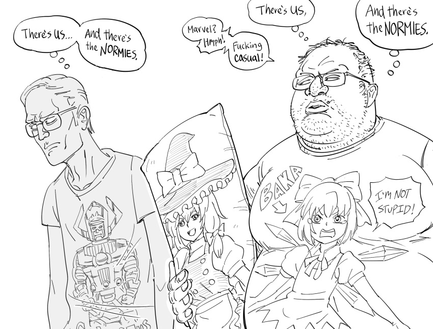 2boys bb_(baalbuddy) cirno commentary english_commentary english_text fat fat_man galactus glasses greyscale highres kirisame_marisa male_focus marvel merchandise monochrome multiple_boys original otaku shirt simple_background touhou white_background x-men