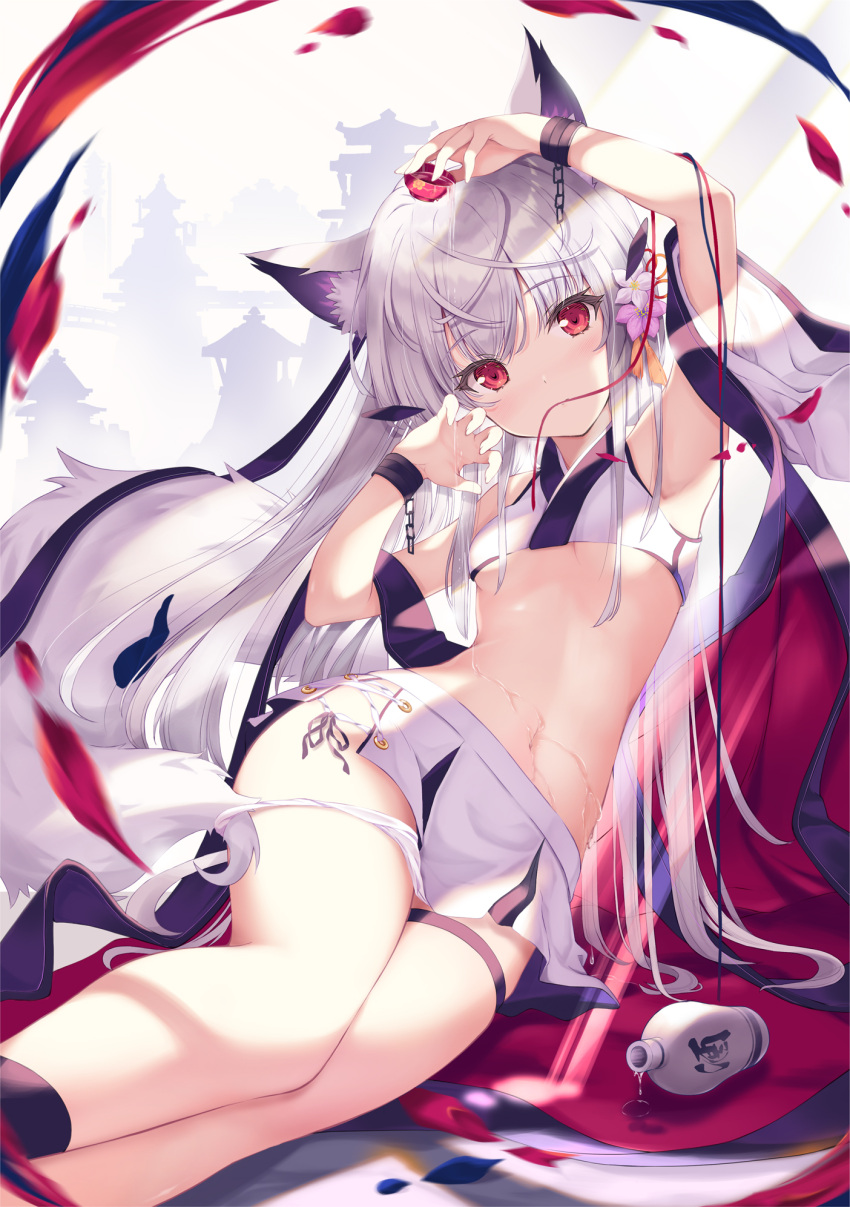 1girl alcohol animal_ears arm_up armpits bare_shoulders breasts choko_(cup) claw_pose crop_top cup duplicate flower fox_ears fox_girl fox_tail hair_flower hair_ornament hand_up highres japanese_clothes long_hair looking_at_viewer midriff miniskirt mouth_hold navel off_shoulder original pixel-perfect_duplicate pouring_onto_self reclining red_eyes red_ribbon revealing_clothes ribbon sake shirt side_slit skirt sleeveless sleeveless_shirt small_breasts solo stomach tail tenmu_shinryuusai thigh_strap thighs very_long_hair white_hair white_shirt white_skirt