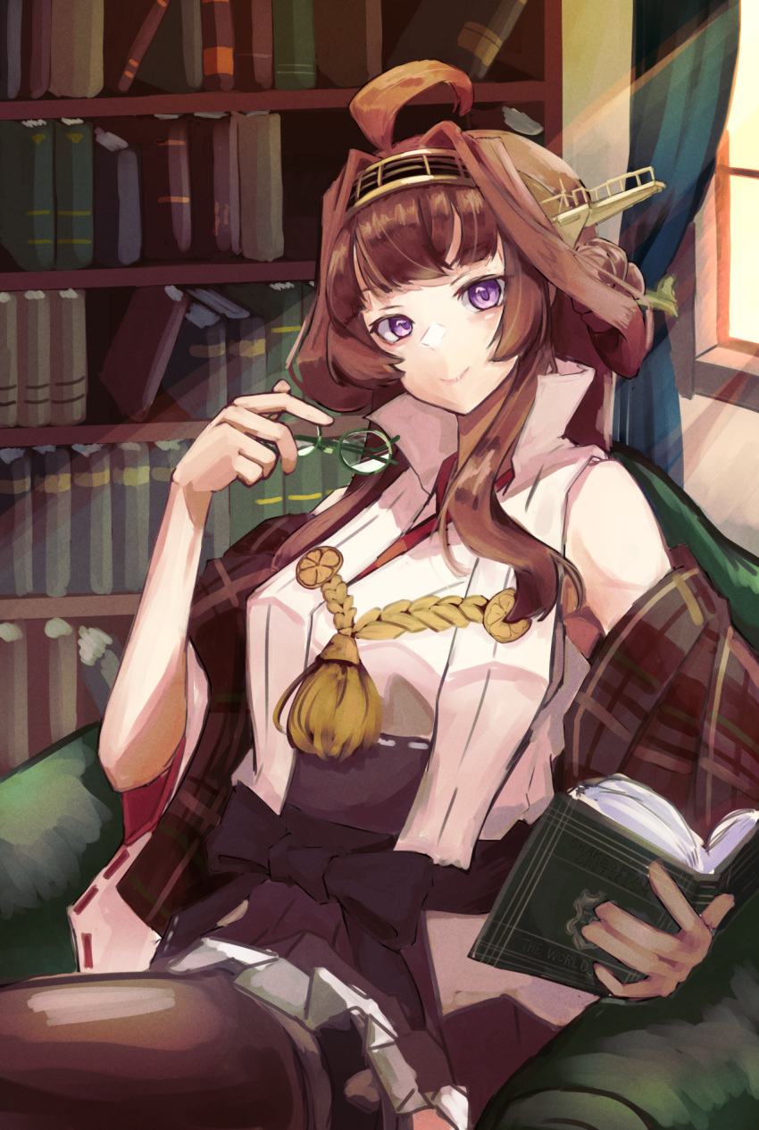 1girl ahoge black_skirt book bookshelf boots brown_hair detached_sleeves double_bun frilled_skirt frills glasses green-framed_eyewear hairband headgear highres holding holding_book holding_eyewear indoors japanese_clothes kantai_collection kongou_(kancolle) long_hair nontraditional_miko open_book panda_(heart_sink) purple_eyes remodel_(kantai_collection) ribbon-trimmed_sleeves ribbon_trim sash sitting skirt solo thigh_boots thighhighs