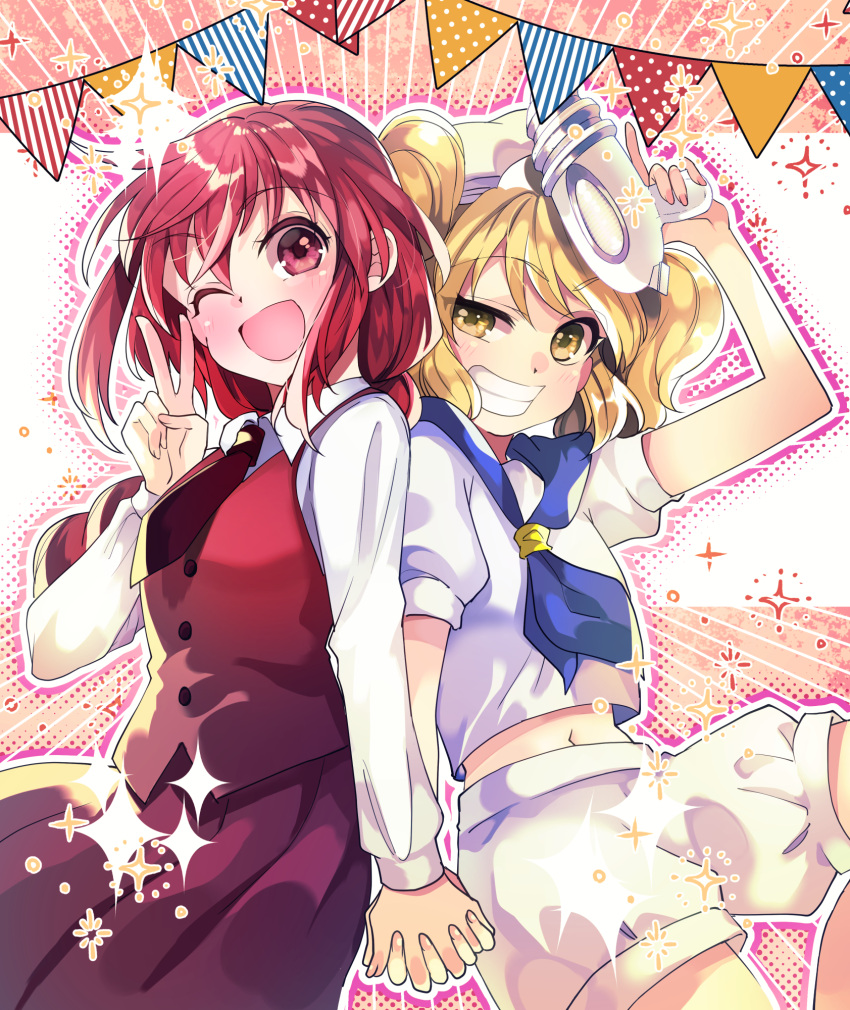 2girls ;d ahoge arm_up back-to-back bangs blonde_hair blue_sailor_collar blush braid braided_ponytail breasts brown_eyes buttons collared_shirt decorations eyebrows_visible_through_hair eyelashes fingernails flat_chest flower grin gun happy hat highres holding holding_gun holding_hands holding_weapon interlocked_fingers katayama_kei kitashirakawa_chiyuri long_hair long_sleeves looking_at_viewer medium_breasts midriff multiple_girls navel necktie okazaki_yumemi one_eye_closed puffy_short_sleeves puffy_sleeves red_eyes red_hair red_necktie red_skirt red_vest sailor sailor_collar sailor_hat shirt short_shorts short_sleeves shorts sidelocks skirt smile sparkle star_(symbol) stomach teeth touhou touhou_(pc-98) twintails v vest weapon white_shorts wing_collar