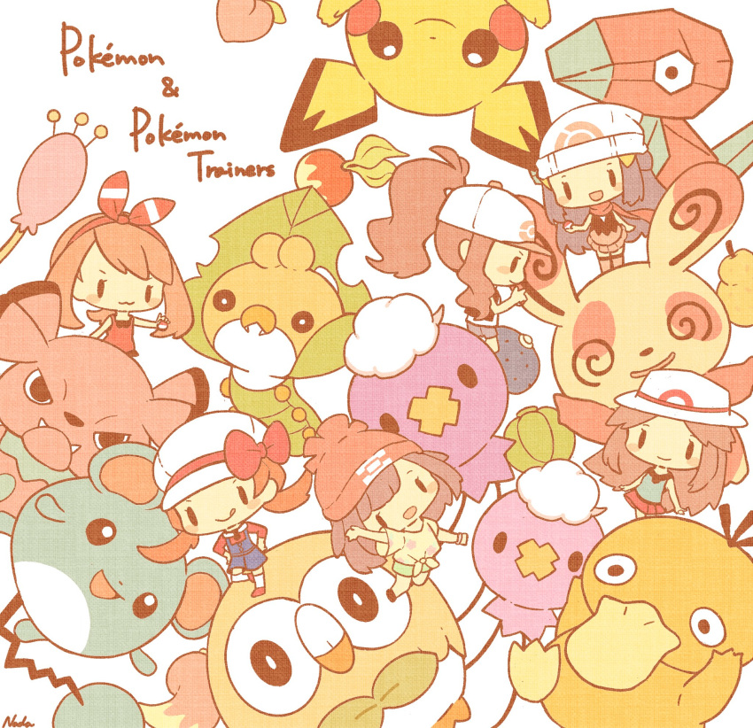 6+girls :3 :q bangs berry_(pokemon) blue_hair bow brown_hair chibi commentary_request copyright_name dawn_(pokemon) dress drifloon front-tie_top hands_on_hips hat hat_bow highres hilda_(pokemon) holding holding_poke_ball leaf_(pokemon) long_hair lyra_(pokemon) marill may_(pokemon) multiple_girls nada_namie open_mouth pichu poke_ball pokemon pokemon_(creature) pokemon_(game) pokemon_bw pokemon_dppt pokemon_frlg pokemon_hgss pokemon_oras pokemon_sm ponytail porygon psyduck red_bow red_headwear red_scarf rowlet scarf selene_(pokemon) sewaddle shorts sidelocks signature simple_background skitty smile snubbull spinda tongue tongue_out white_background white_headwear