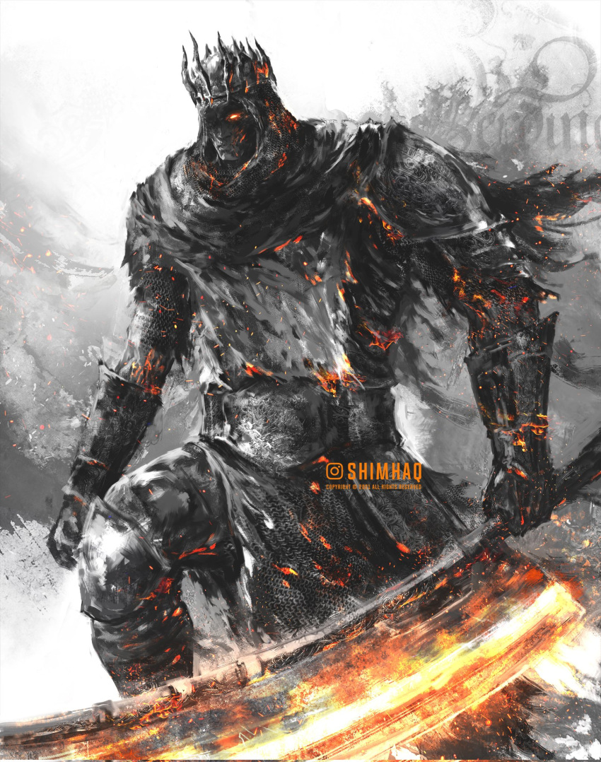 1boy belt bracer cape cleaver closed_mouth commentary crown dark_souls_(series) dark_souls_iii english_commentary highres holding holding_weapon looking_at_viewer male_focus shimhaq solo tabard torn_cape torn_clothes weapon yhorm_the_giant