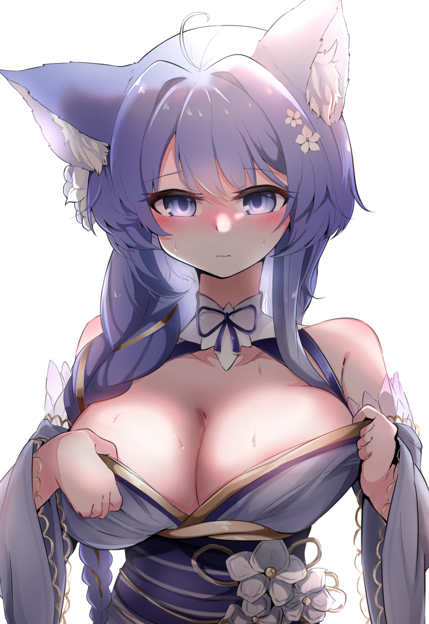 1girl animal_ear_fluff asashio_(azur_lane) asashio_(snow-dusted_lynx_tips)_(azur_lane) azur_lane braid breasts cleavage detached_sleeves eyebrows_visible_through_hair highres japanese_clothes kimono large_breasts long_hair official_alternate_costume purple_eyes purple_hair purple_kimono purple_sash sash simple_background solo tadai_nu white_background wide_sleeves