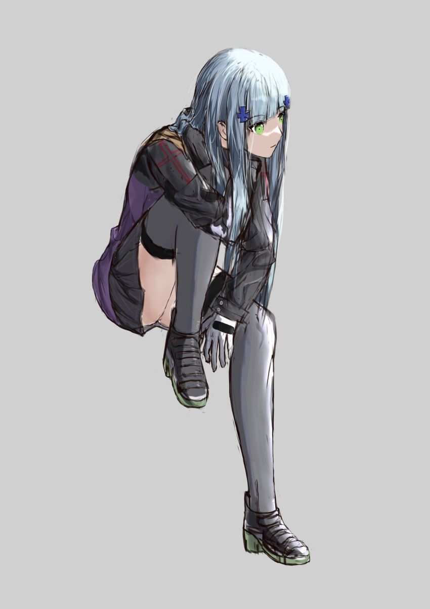 1girl absurdres arm_behind_head bangs black_footwear black_legwear black_skirt blue_hair closed_mouth expressionless eyebrows_visible_through_hair full_body girls'_frontline gloves green_eyes grey_background hair_ornament hairclip highres hk416_(girls'_frontline) jacket long_hair looking_away shoes sitting skirt solo tactical_clothes thighhighs wh1te white_gloves