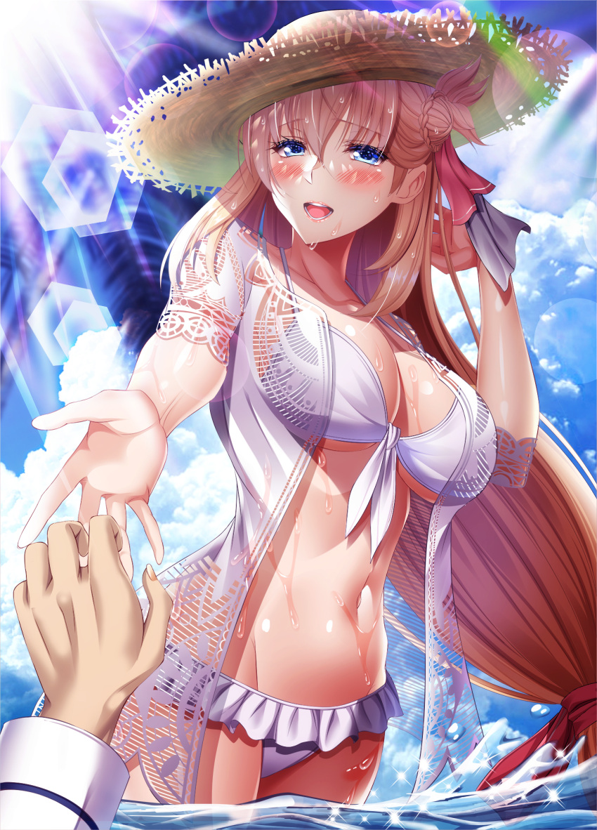 1girl agnes_claudel bangs bikini blue_eyes blue_sky blush braid breasts brown_hair cleavage cloud collarbone commentary_request eiyuu_densetsu frilled_bikini frills hair_between_eyes hair_bun hair_ribbon hat highres jacket kuro_no_kiseki large_breasts lens_flare light_rays long_hair looking_at_viewer navel open_mouth outdoors outstretched_arm palm_tree partially_submerged ribbon sky smile stomach straw_hat sun_hat sunbeam sunlight swimsuit thighs tree underboob very_long_hair wet white_bikini white_jacket yuuzuki_hijiri