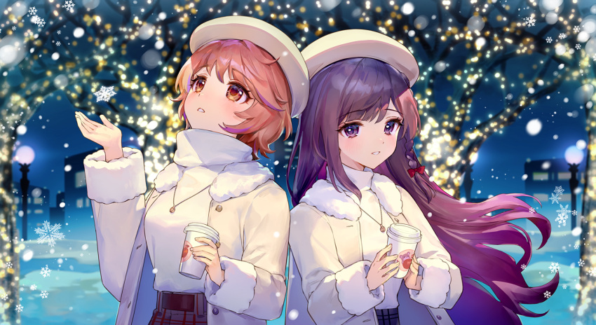 2girls ainy bare_tree beret braid breasts brown_eyes brown_hair christmas_lights coat commentary_request copyright_request cup disposable_cup fur-trimmed_coat fur-trimmed_sleeves fur_trim gradient_hair grey_skirt hand_up hat holding holding_cup lamppost long_sleeves looking_at_viewer looking_away looking_up medium_breasts multicolored_hair multiple_girls night open_clothes open_coat outdoors parted_lips purple_eyes purple_hair shirt single_braid skirt smile snowflakes snowing tree virtual_youtuber white_coat white_headwear white_shirt