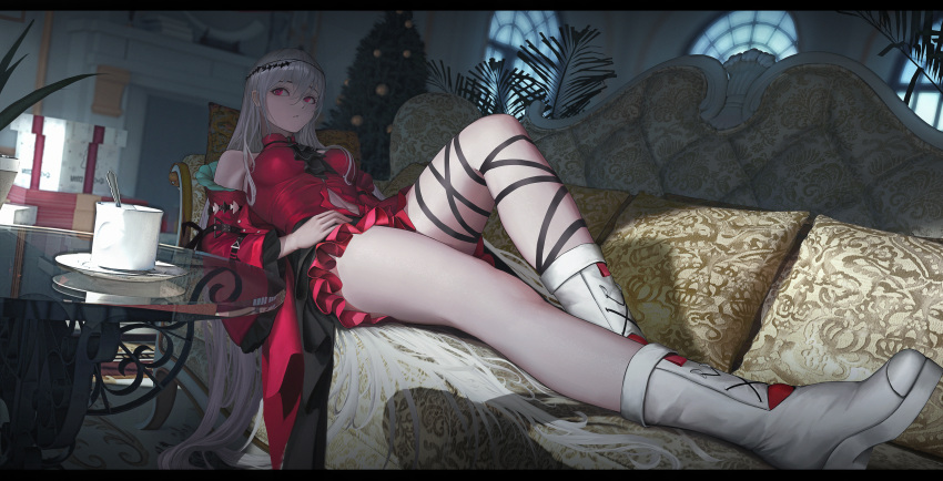 1girl absurdres arknights ascot bare_shoulders black_ascot black_ribbon boots breasts chinese_commentary christmas_present christmas_tree clothing_cutout commentary_request couch cup dress full_body gift hair_ornament hand_on_own_stomach highres indoors knee_up leg_ribbon letterboxed long_hair long_sleeves looking_away medium_breasts navel navel_cutout no_hat no_headwear official_alternate_costume on_couch parted_lips reclining red_dress red_eyes revision ribbon sideways_glance silver_hair sitting skadi_(arknights) skadi_the_corrupting_heart_(arknights) solo thighs white_footwear wide_sleeves zfivez