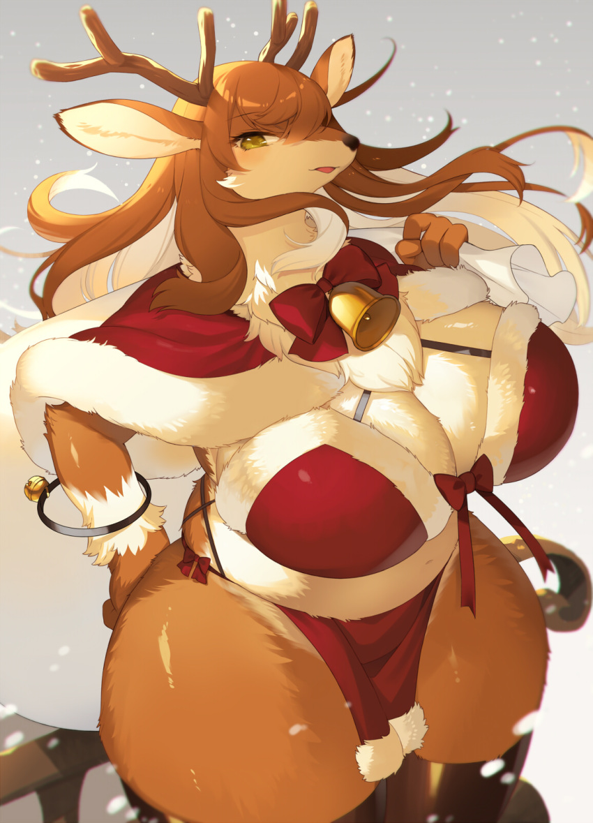 1girl animal_ears animal_nose antlers bell bikini bow bowtie bracelet breasts brown_hair capelet christmas cleavage colored_inner_hair commentary_request furry furry_female gradient gradient_background grey_background highres huge_breasts jewelry kishibe long_hair looking_at_viewer multicolored_hair neck_bell original red_bow red_bowtie red_capelet red_neckwear snout solo swimsuit thick_thighs thighs white_hair