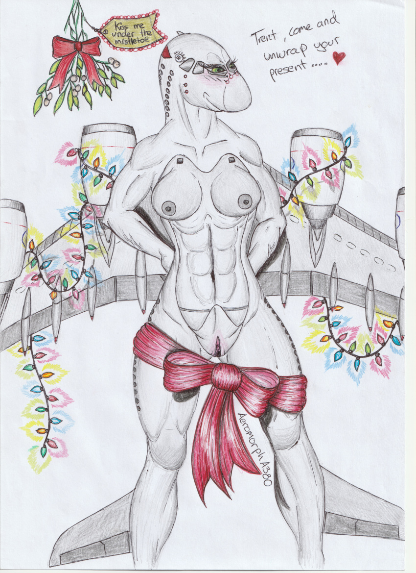a380 abs absurd_res aeromorpha380 air_france airbus aircraft airliner anthro blanche bow christmas civilian colorful drawing female festive hands_behind_back hi_res holidays huge_filesize lights living_aircraft living_machine living_vehicle machine mistletoe muscular nude plant sketch solo spread_legs spreading teasing text traditional_media_(artwork) vehicle