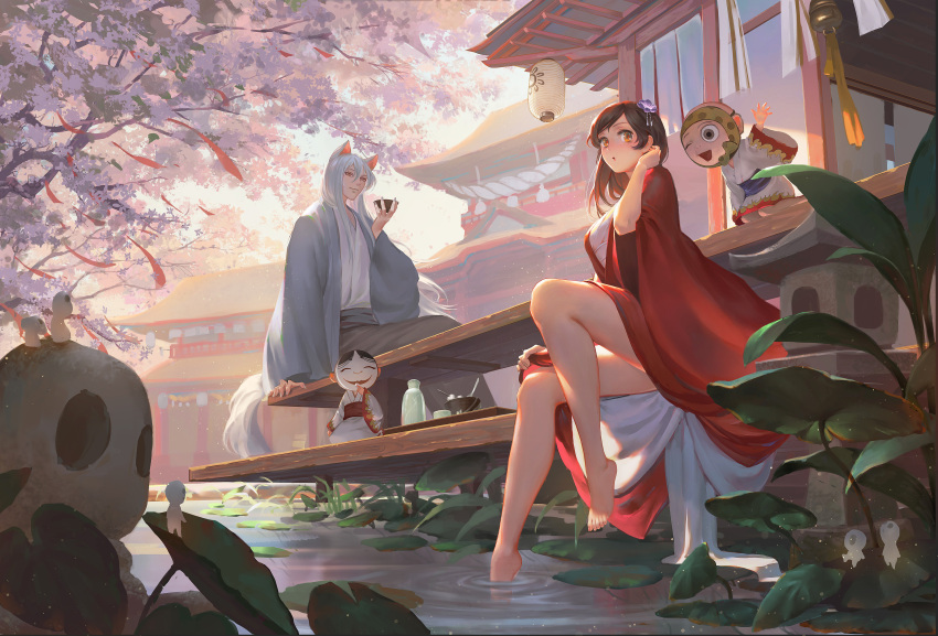 2boys 2girls absurdres animal_ears architecture arm_at_side arm_up bangs bare_legs barefoot bowl breasts brown_eyes brown_hair building chelsea_sun choko_(cup) cup day east_asian_architecture flower fox_boy fox_ears fox_tail grass grey_hakama hair_between_eyes hair_flower hair_ornament hakama hand_up hanging_lantern haori highres holding holding_cup house japanese_clothes kamisama_hajimemashita kimono kotetsu_(kamisama_hajimemashita) lantern leaf light_particles long_hair long_sleeves looking_at_another looking_away mask medium_hair mixed-language_commentary momozono_nanami multiple_boys multiple_girls noren onikiri_(kamisama_hajimemashita) outdoors paper_lantern plant plantar_flexion pond red_ribbon ribbon ripples rope seiza shimenawa shinozaki_ayaka shionji_yuuko sideways_glance sitting smile spirit spoon stone_lantern sunlight swept_bangs tail tokkuri tomoe_(kamisama_hajimemashita) tray tree very_long_hair water waving wet white_hair white_kimono wide_sleeves wind_chime