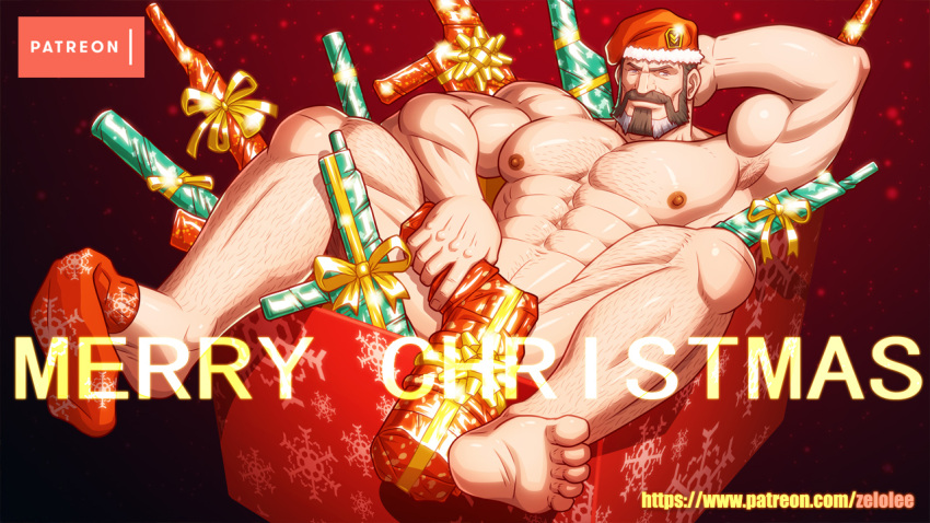 1boy abs armpits bara beard biceps box check_copyright chest_hair christmas completely_nude copyright_request covering covering_crotch facial_hair feet full_body gift gift_box gift_wrapping gun hat holding holding_gun holding_weapon in_box in_container large_pectorals leg_hair looking_at_viewer male_focus mature_male merry_christmas muscular muscular_male mustache navel nipples nude one_eye_closed original pectorals santa_hat short_hair snowflake_print socks soles solo stomach thick_thighs thighs toes weapon zelo-lee