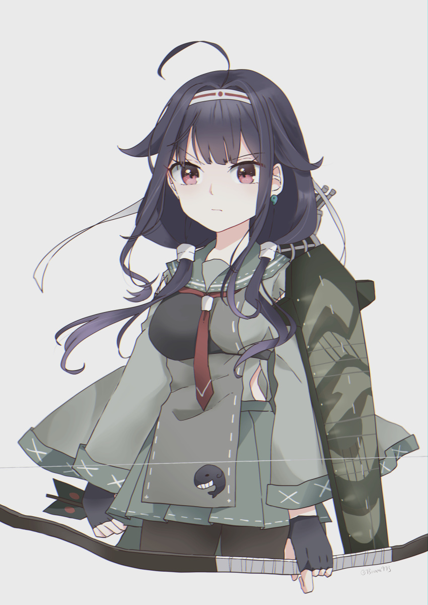 1girl absurdres arrow_(projectile) black_gloves bow_(weapon) camouflage cowboy_shot earrings fingerless_gloves flight_deck gloves hair_flaps hairband highres holding holding_bow_(weapon) holding_weapon jewelry kantai_collection low_twintails magatama magatama_earrings muneate nami_nami_(belphegor-5812) necktie purple_hair red_eyes red_necktie remodel_(kantai_collection) ryuuhou_(kancolle) solo taigei_(kancolle) twintails weapon yumi_(bow)
