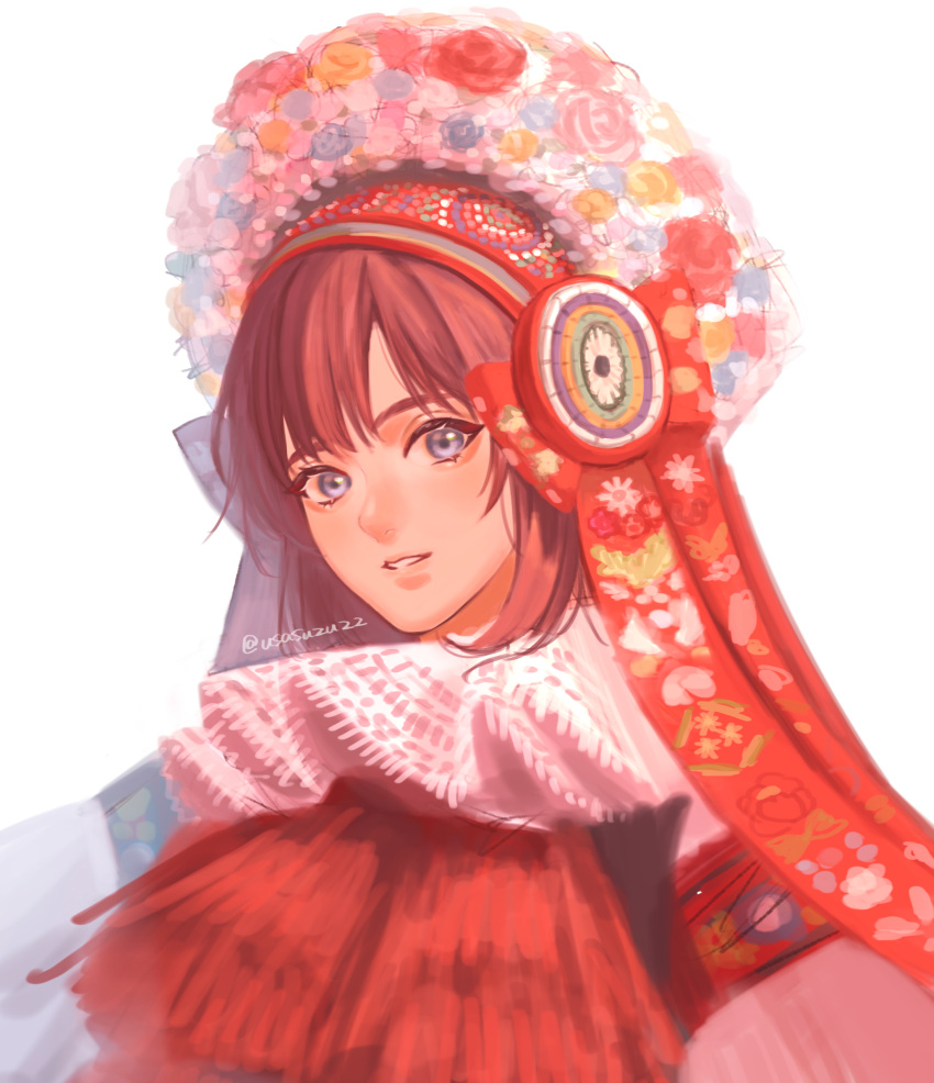 1girl absurdres axis_powers_hetalia bangs blue_eyes brown_hair chinese_clothes floral_print flower flower_wreath frills hat hat_flower head_wreath headdress highres lips long_hair parted_lips simple_background solo taiwan_(hetalia) tassel upper_body usasuzu white_background