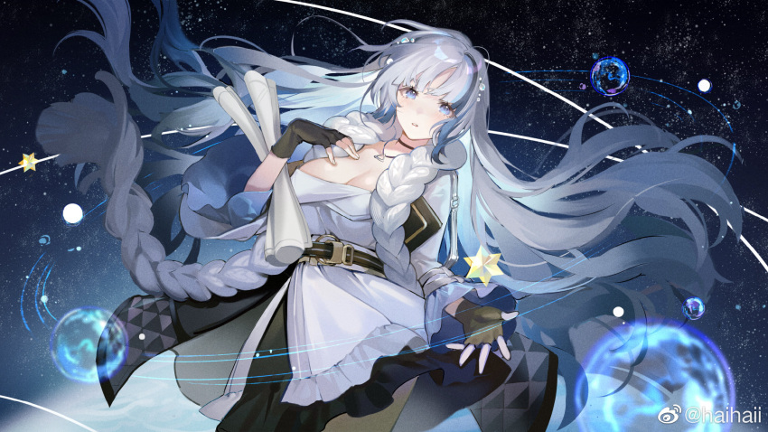 1girl black_gloves blue_eyes blue_hair breasts chinese_commentary cleavage commentary_request dress fei_(songyijie) fingerless_gloves frilled_dress frills girls'_frontline girls'_frontline_neural_cloud gloves grey_hair hand_on_own_chest highres hubble_(girls'_frontline_nc) jewelry large_breasts long_hair looking_at_viewer multicolored_hair necklace orbit solo space star_(sky) weibo_username wide_sleeves