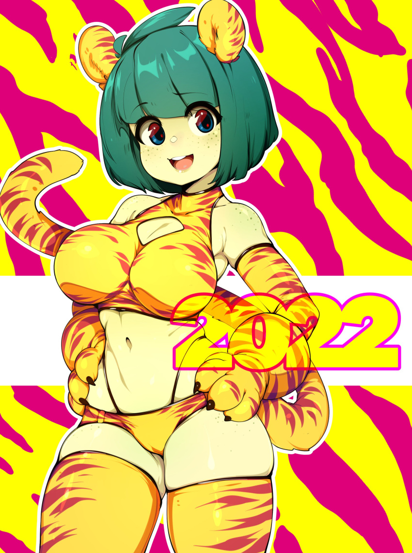 1girl 2022 absurdres alc.2873890 animal_ears animal_print bangs blue_eyes blunt_bangs breasts cleavage_cutout clothing_cutout colored_skin commentary english_commentary eyebrows_visible_through_hair green_hair highres large_breasts lips looking_at_viewer navel open_mouth original red_background short_hair slugbox smile solo tail thighhighs tiger_ears tiger_print tiger_tail two-tone_background yellow_background yellow_legwear yellow_skin