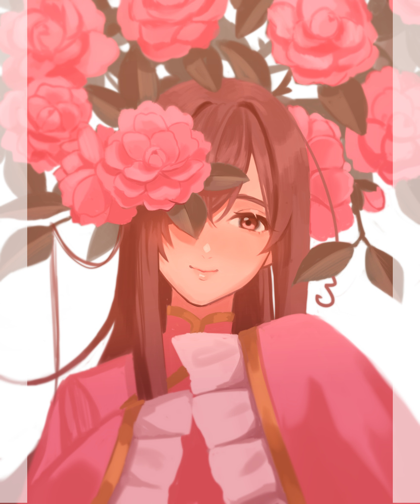 1girl absurdres axis_powers_hetalia bangs brown_hair chinese_clothes flower frilled_sleeves frills hair_flowing_over hands_up highres lips long_hair looking_at_viewer one_eye_covered pillarboxed pink_flower plant sleeves_past_fingers sleeves_past_wrists smile solo straight-on taiwan_(hetalia) upper_body usasuzu white_background