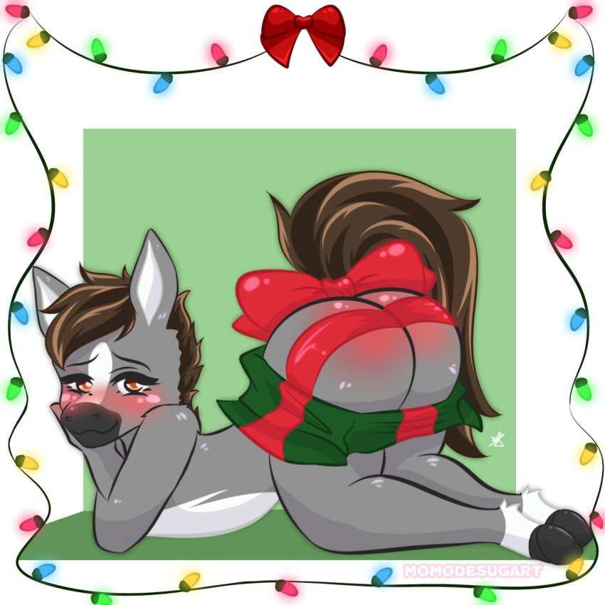 accessory anthro belly black_muzzle blush brown_eyes brown_hair bubble_butt butt chibi christmas christmas_lights dallas_prairiewind equid equine fur furgonomics grey_body grey_fur hair hi_res holidays horse leg_markings lying male mammal markings momodesugart nude on_front ribbons simple_background socks_(marking) solo tail_accessory tail_bow tail_ribbon white_belly white_markings