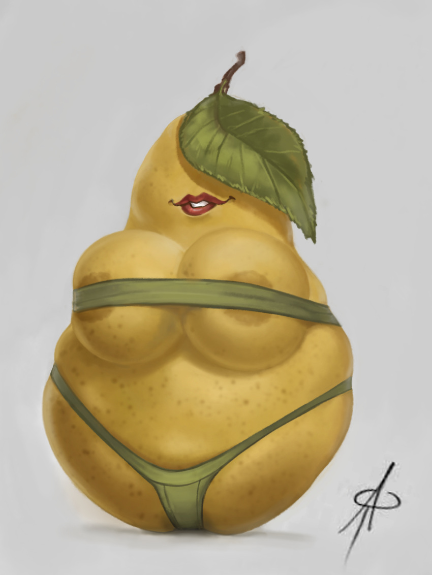 absurd_res areola areola_slip bandeau big_breasts bikini_thong breasts clothing elemental_creature female flora_fauna food food_creature fruit hi_res lipstick living_fruit makeup pear plant skindentation solo swimwear topwear